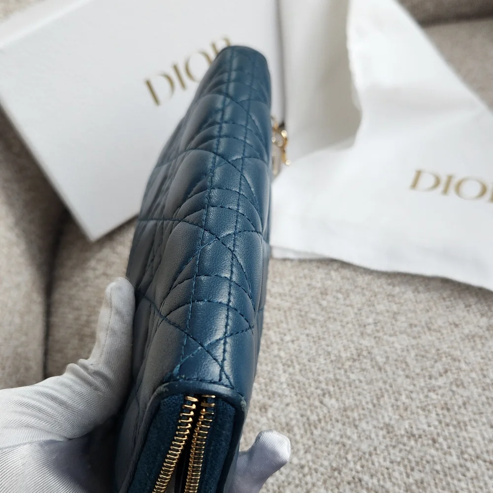 Dior Blue Quilted Leather Zip Key Pouch with Gold Charm